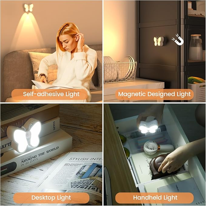 Butterfly LED Night Light, Smart Night Light with Temperature, Magnetic Rechargeable Night Light