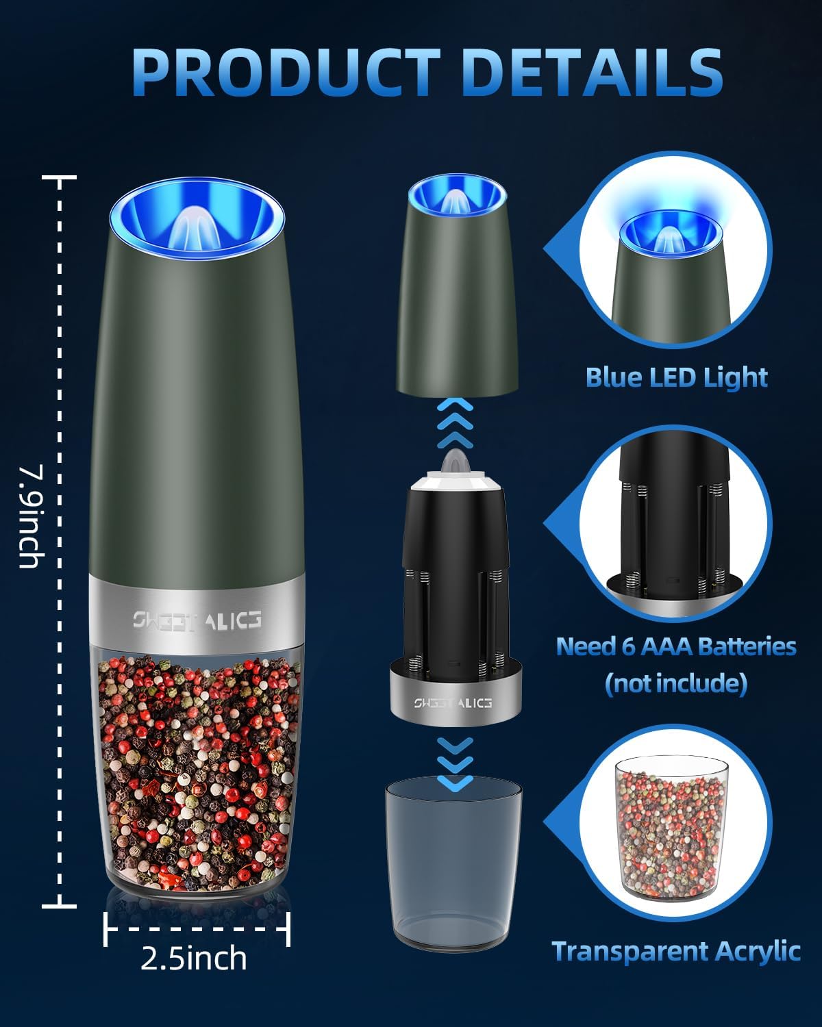 Electric Salt and Pepper Grinder Set, Battery Powered with LED Light