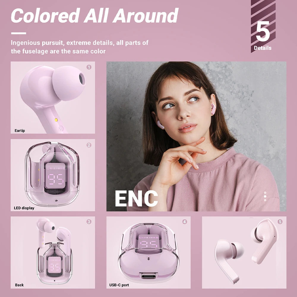 Wireless earphones, with ENC noise reduction translucent earphones, HiFi dual stereo microphones (5 colors)